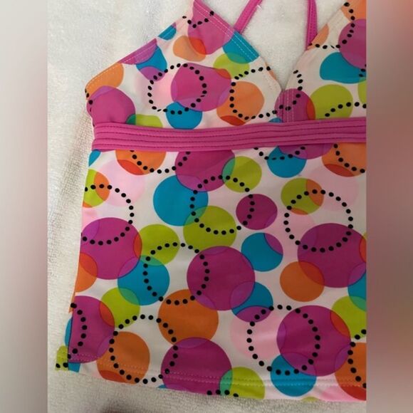 Girls medium (7/8) Xhileration pink with yellow, blue, green circles tankini - Picture 3 of 12
